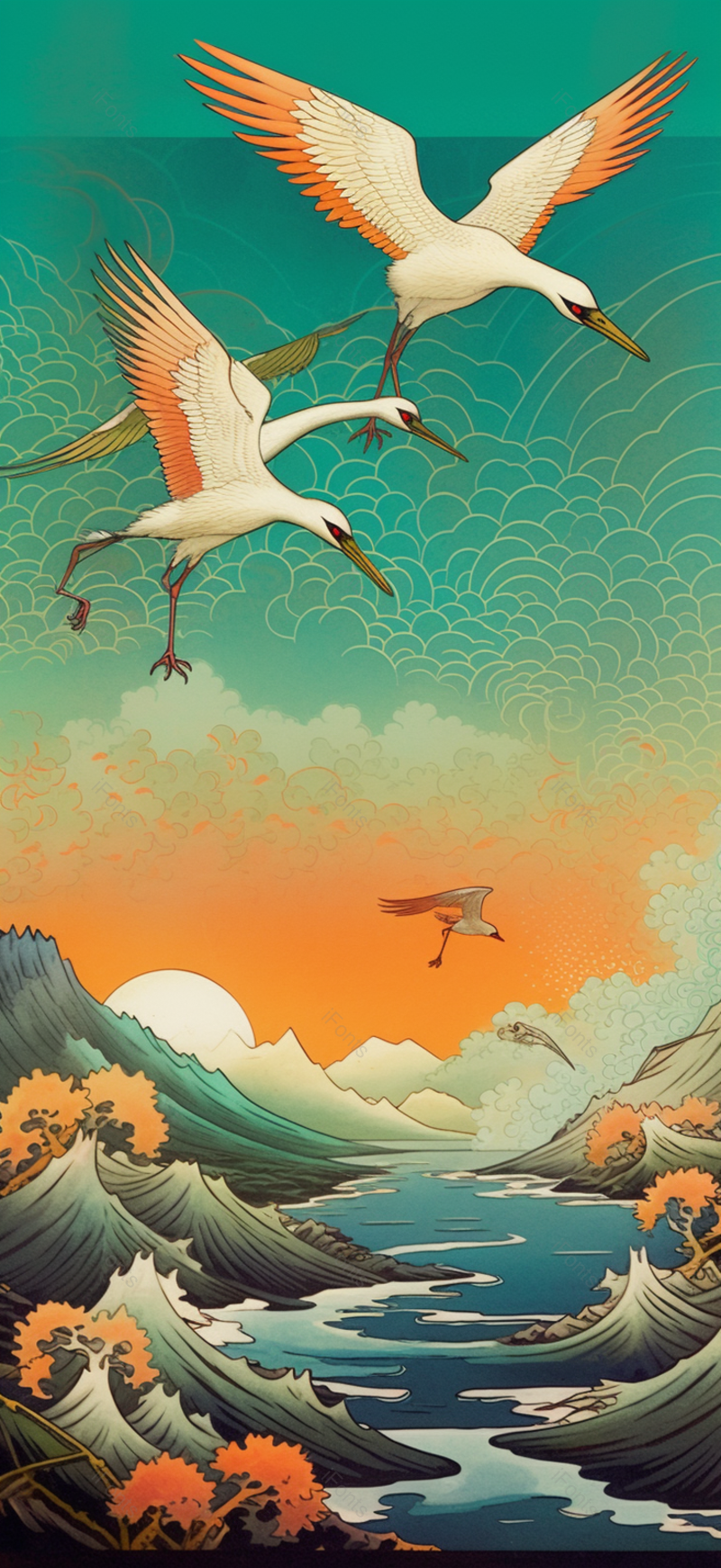 飞舞的仙鹤高山流水中国风国潮插画,插画/手绘图,插画/手绘图库,插画/手绘图下载,插画/手绘